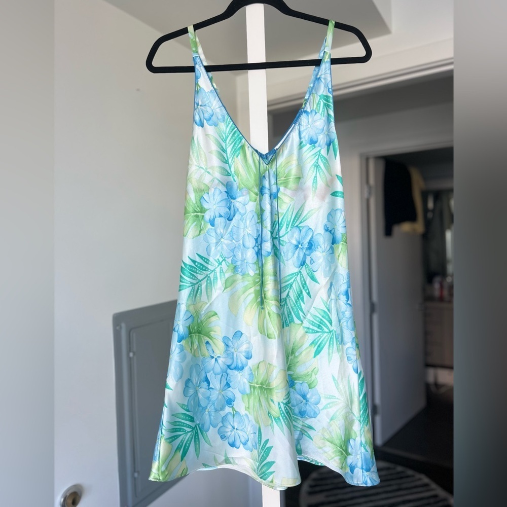 Oscar de la Renta Blue and Green Floral Satin Slip Dress
